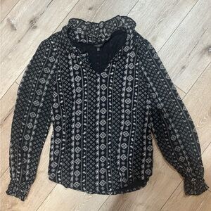 Lucky Brand Black Patterned Long-Sleeve V-Neck Peasant Top